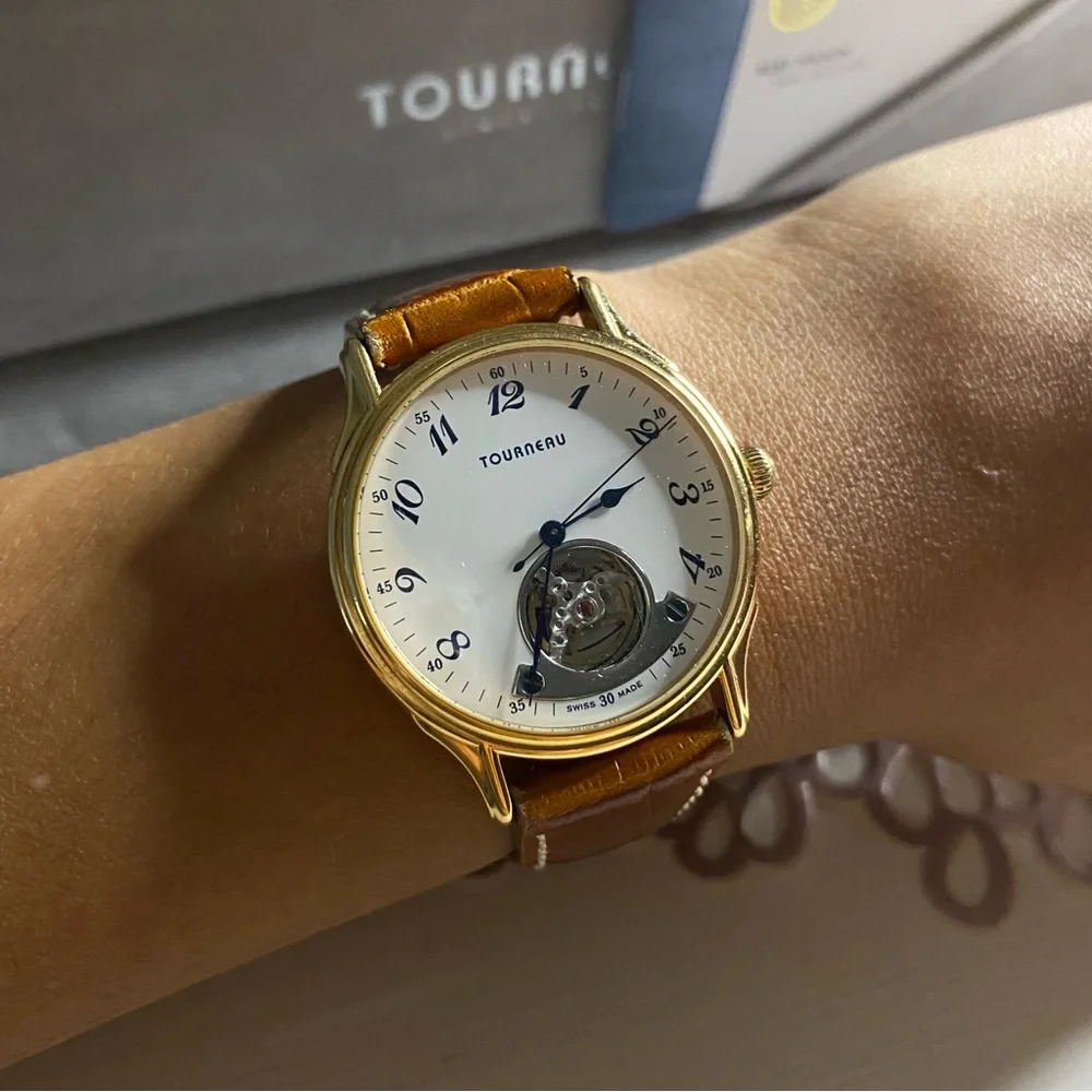 Tourneau 18K Gold Open Heart Brown Leather Watch Vintage 30022